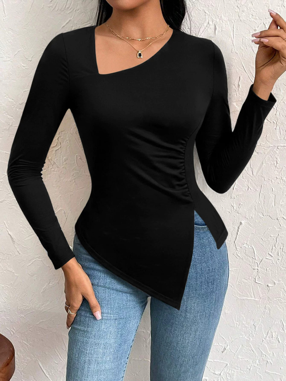 ZARA Chic Versatile Asymmetric Neck Long Sleeve Top Fall Winter Office